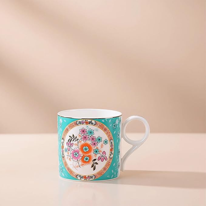 Decorative Ceramic Coffee Mugs, 10.15 fl.oz, Floral Design Collection with Gift Box (green)