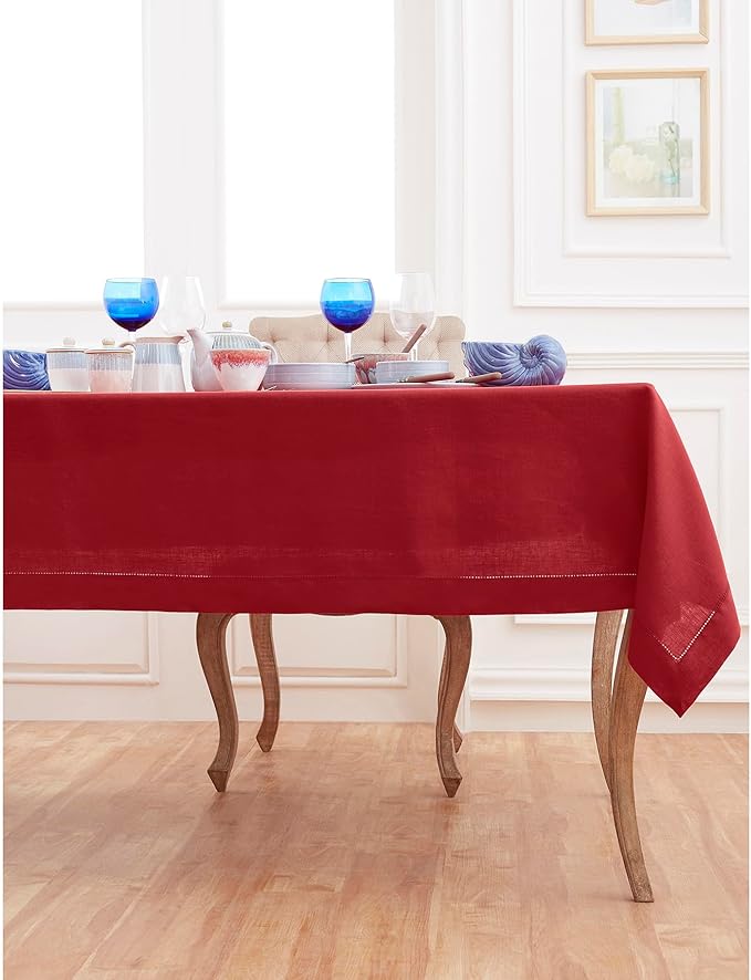 Solino Home Linen Tablecloth for Rectangle Tables 60 x 156 Inch - Classic Hemstitch 100% Pure Linen Red Table Cloth - Machine Washable Cloth Tablecloth for Valentines