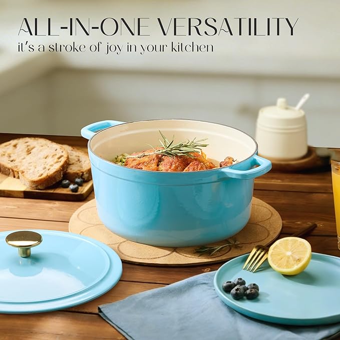 CAROTE 5QT Enameled Cast Iron Dutch Oven Pot with Lid, Heavy-Duty Dutch Ovens for Sourdough Bread Baking, Braising, Roasting, Dual Handles, Healthy & Non-Toxic, All Stovetop Compatible, Oven Safe up to 500째 F, Macaron Blue