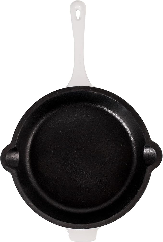 BergHOFF Neo 3Pc Enameled Cast Iron Cookware Set, Fry Pan 10 inches, Grill Pan 11 inches, Slotted Steak Press, Fast, Evenly Heat, Oven safe (White)