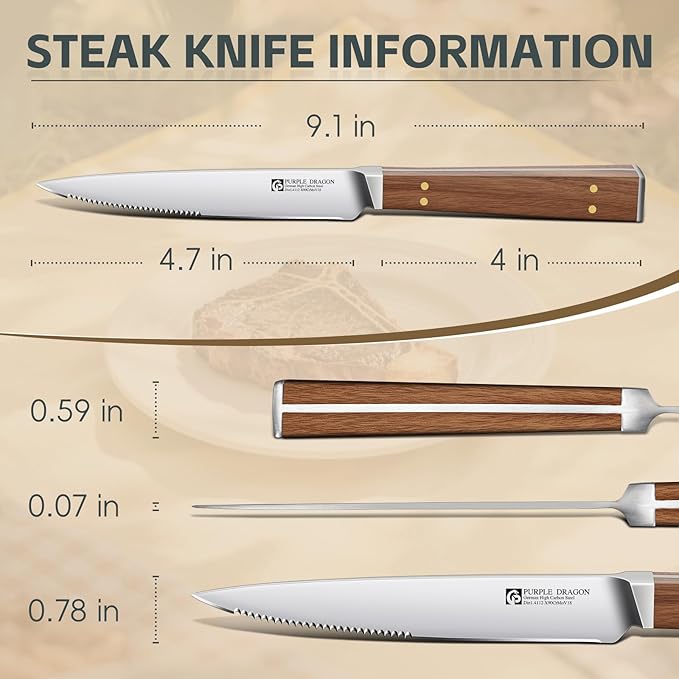 Purple Dragon Serrated Steak Knives Set of 8-4.7 Inch Dinner Knife High Carbon German Steel Steak Knife Set with Square Wooden Handle - Effortless Cutting Christmas Gift for Men and Women