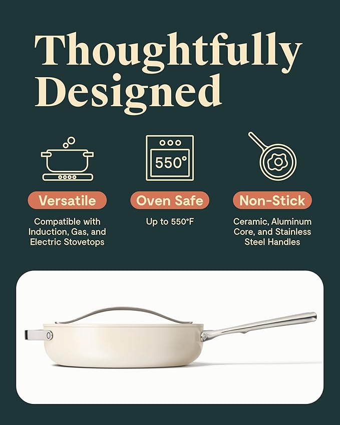 Caraway Nonstick Ceramic Saut챕 Pan with Lid (4.5 qt, 11.8") - Non Toxic, PTFE & PFOA Free - Oven Safe & Compatible with All Stovetops (Gas, Electric & Induction) - Cream
