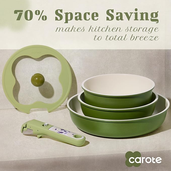 CAROTE 11pcs Ceramic Cookware Set, Pots and Pans Set Non stick, Induction Kitchen Cookware with Removable Handle, Dishwasher & Oven Safe, RV/Camping Cookware, PFOA Free, Green