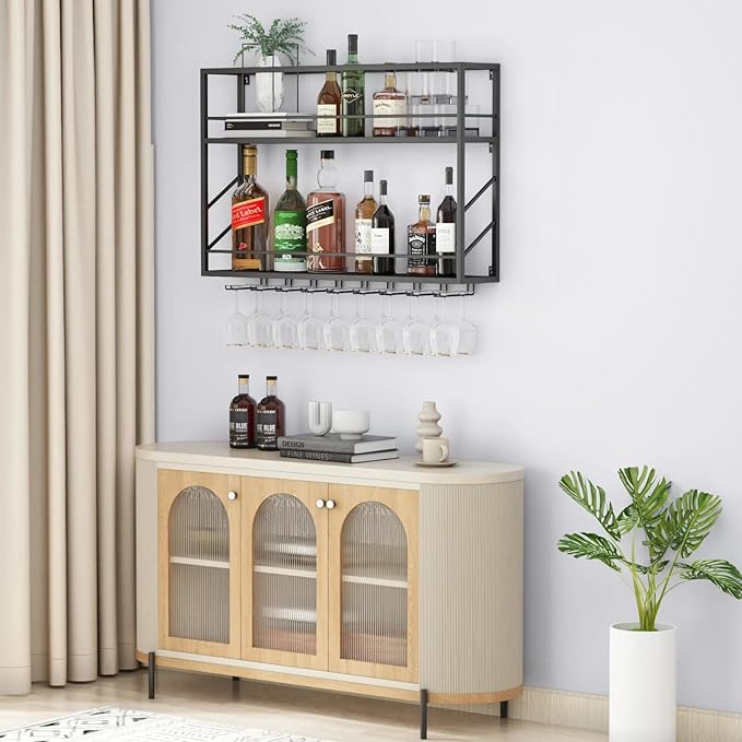 Wall Mounted Wine Rack with Glass Holder, 2-Tier Multi-Functional Shelf for Home, Restaurant, and Bar Storage (39.3?쓂 x 7.8?쒭 x 26?쒱)