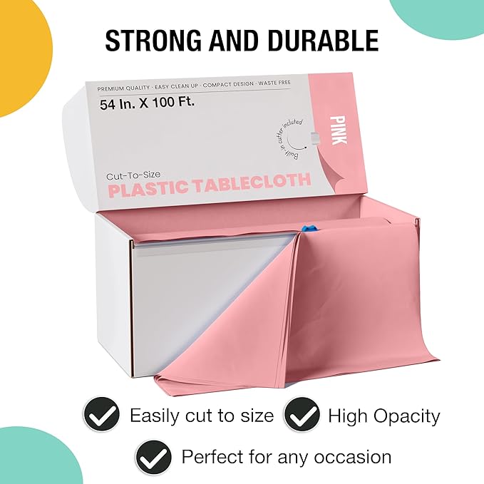 Party Solids 54 Inch X 100 Feet Pink Plastic Table Cover Roll in A Cut - to - Size Box with Convenient Slide Cutter. Cuts Up to 12 Rectangle 8 Feet Plastic Disposable Tablecloths