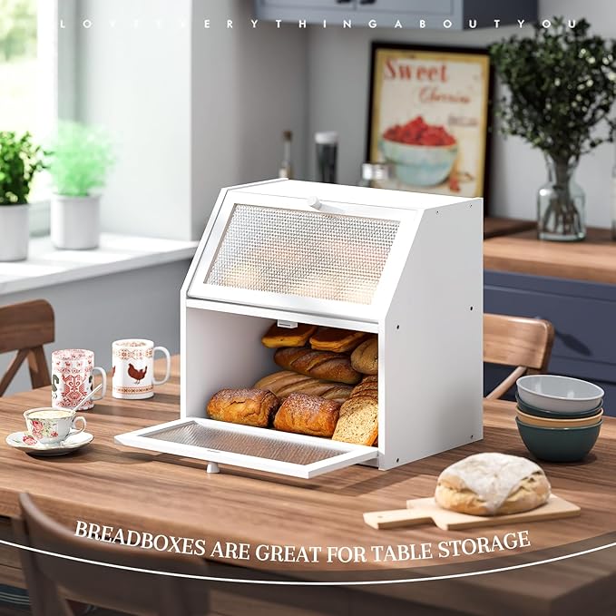 Bread Box for Kitchen Countertop Bin Double Layer Bread Box Storage Container Extra Large Capacity with Diamond Pattern Windows (White, Extra Large)