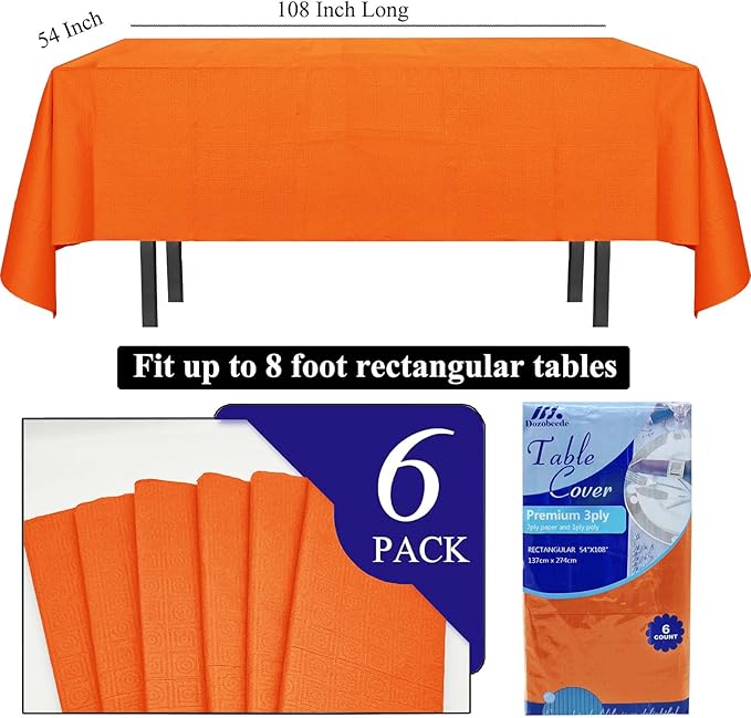 [6 Pack] Orange Paper Tablecloth Disposable for Rectangle Tables, 54 X 108 Inch Party Table Cover with Plastic Backing, Waterproof 3 Ply Table Cloth for Thanksgiving Halloween Fall Harvest Day