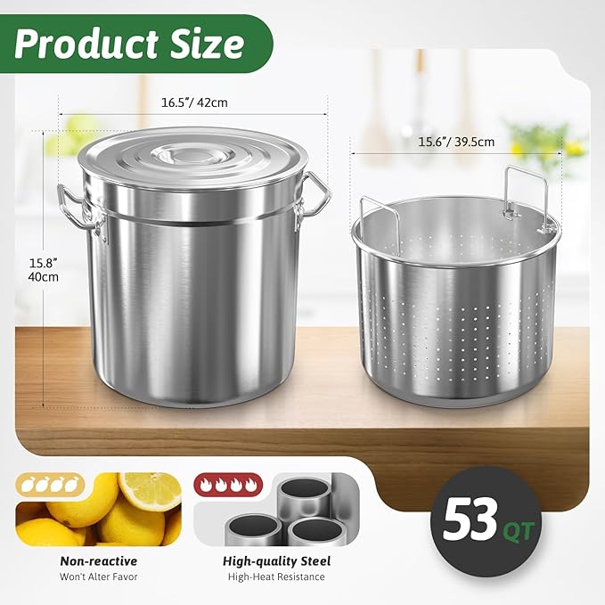53-Quart Stainless Steel Seafood Boil Pot with Lid,Crab, Lobster, Shrimp Boil Stock with Strainer, Turkey Fryer Pot, Stock Boiler Deep,Fried Cooker for Commercial Outdoors