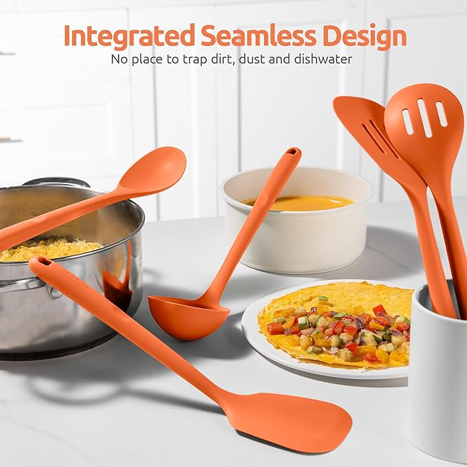 Silicone Kitchen Cooking Utensil Set: U-Taste 600쨘F Heat Resistant 13.6in Extra Long Kitchen Tools, Food-Grade Non-Stick Spatula Turner Spoon Ladle for Stir Frying, Serving, Mixing (5 Pieces, Orange)