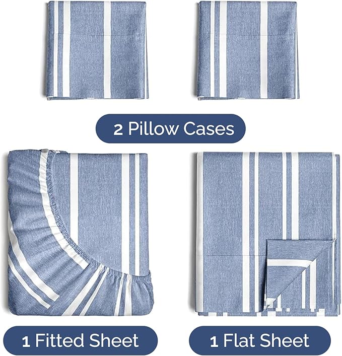 Twin 4 Piece Sheet Set - Cooling & Breathable Bed Sheets - Hotel Luxury Bed Sheets for Women, Men, Kids & Teens - Bedding w/Deep Pockets & Easy Fit - Soft & Wrinkle Free - Twin Blue Stripes Sheets
