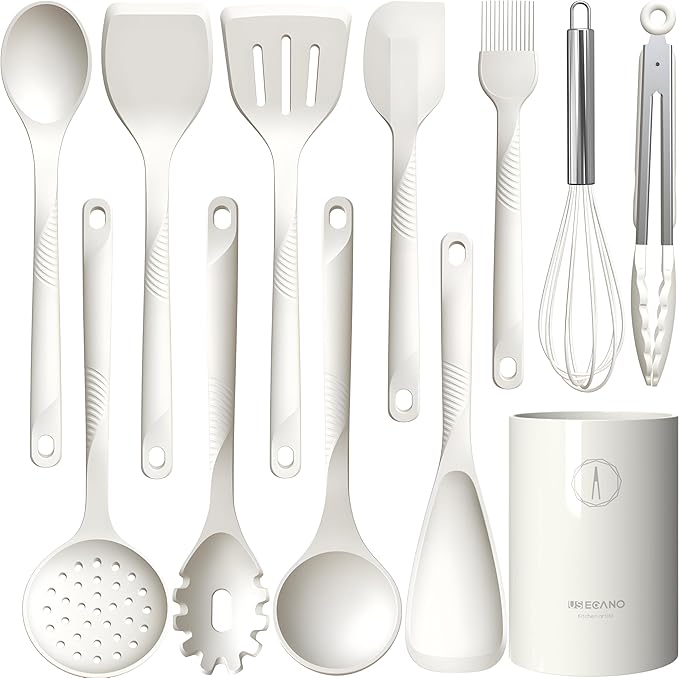 Silicone Cooking Utensils Set - 600째F Heat Resistant, Nonstick Kitchen Utensil Set with Spatulas, Spoons, Whisk, Tongs, BPA Free, Dishwasher Safe, Cream White