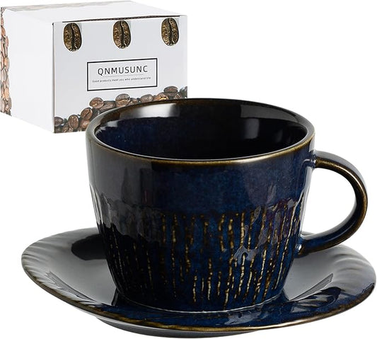 Ceramic Latte Cup with Saucer, 7 oz, Coffee Mug, Espresso Cups for Cappuccino, Milk Tea and Mocha, Dishwasher and Microwave Safe (blue)