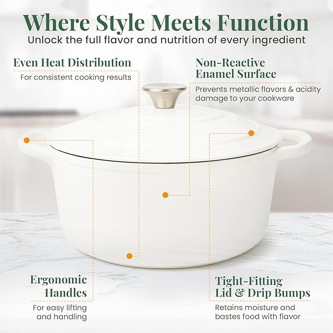 Larder & Vine Enameled Cast Iron 5.7qt Dutch Oven Pot with Lid | Bread Baking | Compatible on All Cooktops & Oven Safe to 500째 F | Great for Sourdough Bread | White