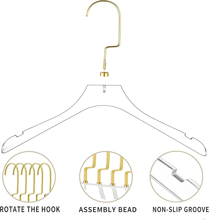 Besser Acrylic Clear Hangers 15 Pack,Acrylic Hanger Premium Quality Crystal Clear Hangers with Gold Hooks Luxury Dress Suit Hangers（Gold Hook）
