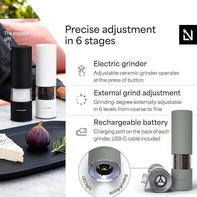 LARS NYS횠M Electric Salt and Pepper Grinder Set I Automatic Salt and Pepper Mills with Adjustable Ceramic Grinder I USB Rechargeable Electric Spice Mill Set with LED Light (Ash Gray)