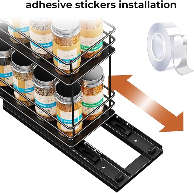 Pull Out Spice Rack Organizer for Cabinet, Slide Out Spice Racks, Easy to Install, 4.33" Wx10.43 Dx8.66 H, 1 Drawer 2 Tiers(Black)