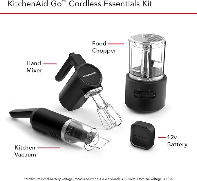 KitchenAid Go??Cordless Bundle with Hand Mixer, Food Chopper and Kitchen Vacuum - battery included, KBUR131, Black Matte