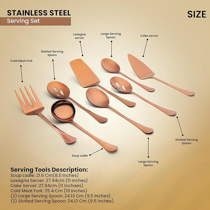 Avador짰 Premium Set of 8 Stainless Steel Hostess Serving Utensil Tool Set for Weddings | Buffer | Party | Kitchen | Restaurants (Rose Gold Plated)