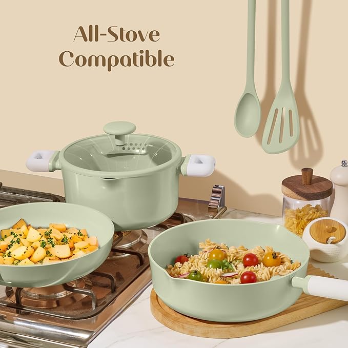 CAROTE Pots and Pans Set Nonstick, Ceramic Cookware Set, Green Cooking Set Kitchen Induction Set with Steamer, PFAS PTFE Free,9 Piece
