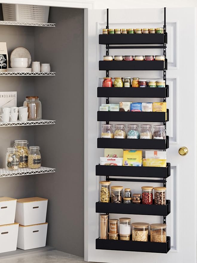 Over the Door Pantry Organizer, 8-Tier Metal Over The Door Organizer, Hanging Spice Rack Shelves Door for Kitchen Pantry Organizers and Storage, Black