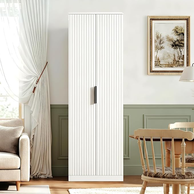 VINGLI 70" Modern Pantry Cabinet with Fluted Doors, 5 Adjustable Shelves, Tall Storage Solution for Kitchen, Dining Room, or Living Room, White