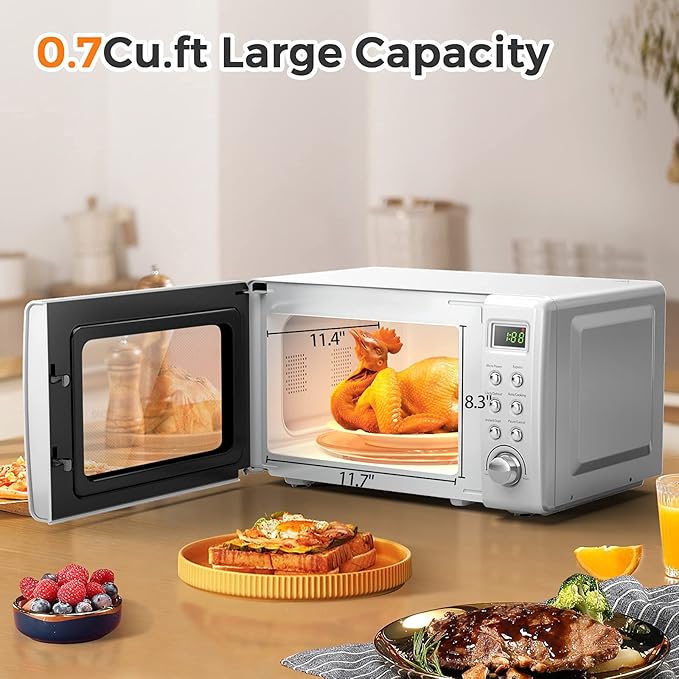 ARLIME Retro Microwave 0.7Cu.ft, 700 Watt Countertop Microwave with 5 Micro Power Defrost & Auto Cooking Function, LED Display, Child Lock, Small Microwave for Kitchen, RV, Dorm (White)