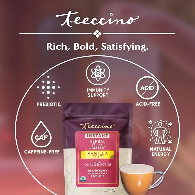 Teeccino Organic Instant Vanilla Nut Herbal Latte ??14 Servings ??Creamy Oat & Coconut Latte Plus MCT Oil with Vanilla & Dates Accenting Roasted Chicory ??Prebiotic, Caffeine-Free ??7.9 ounces