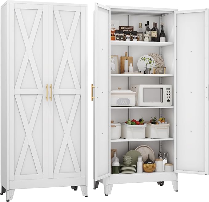 71" H Metal Kitchen Pantry Storage Cabinet, Freestanding Cupboard with 2 Doors and 4 Adjustable Shelves, Standing Storage for Kitchen, Bathroom, Garage, Dinning Room or Utility Room（White）