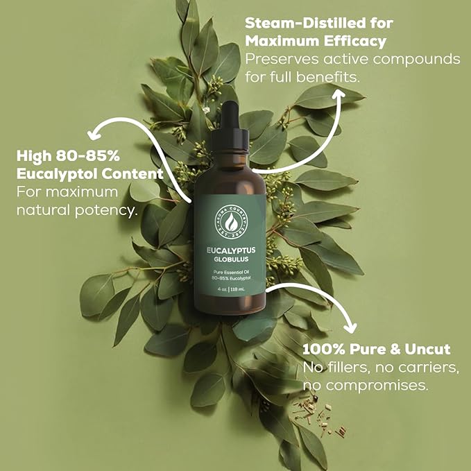 Aroma Country 100% Pure Eucalyptus Essential Oil ??Organic & Undiluted Diffuser Oil, Humidifier, Steam Room & Shower Aromatherapy ??Natural, Therapeutic Grade Oil for Skin, Sauna, & Home (4 Fl. oz)