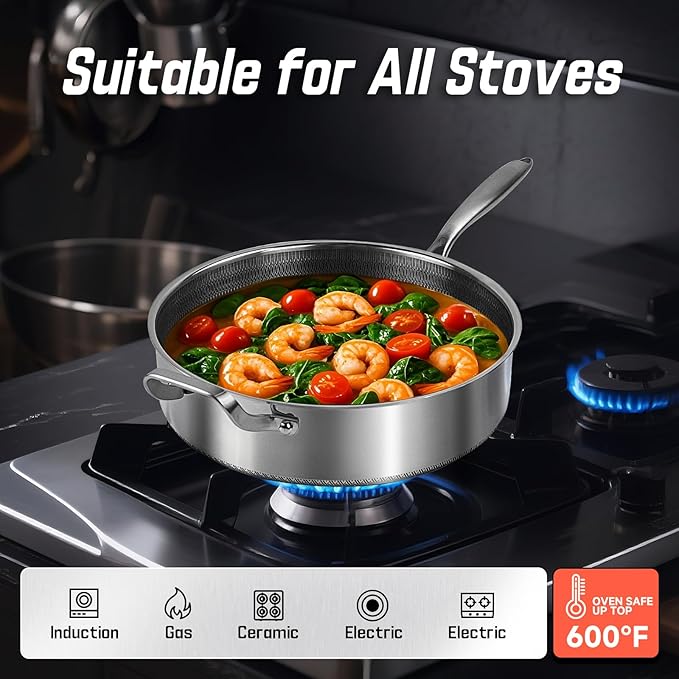 Frying Pans Nonstick wih Lid, Non Stick Tri-Ply Stainless Steel Saute Pan, 8 Quarts Large Saut챕 Pan, 13.5 Inch Induction Cooking Pan, Dishwasher and Oven Safe, PFOA Free