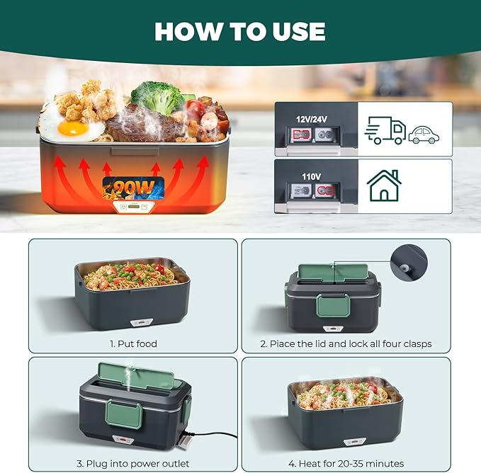 Vidaskeci Electric Lunch Box for Adultss 90W 3.5L 2-Layer Portable Heated Lunch Box for 12V/24V/110V with 2.5L Removable 304Stainless Steel Container Electric heating lunch box竊똦ome/Car/Office/Truck