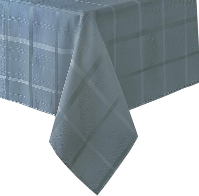 Newbridge 60 x 84 Inch Oval Fabric Tablecloth, Elegance Plaid, 100% Polyester, No Iron Soil Resistant Dining Room, Party and Banquet Table Cover, Solid Textured, Shadow Blue
