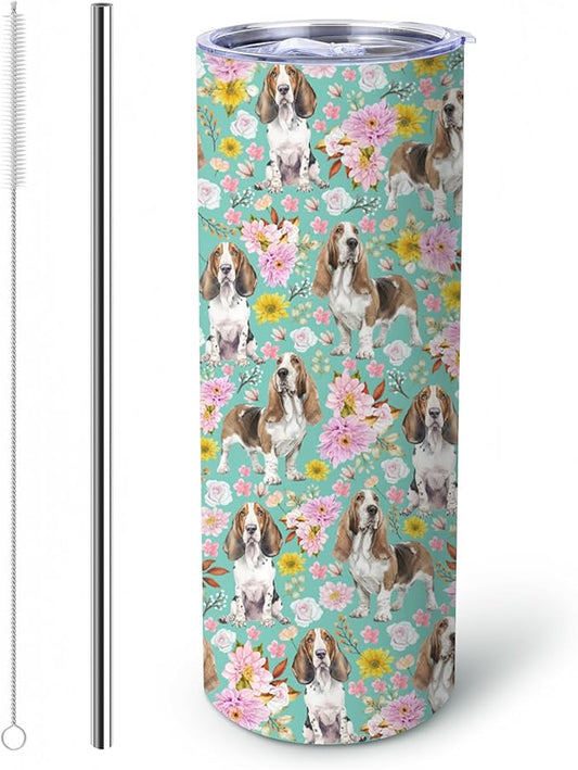 Yogusut Basset Hound Gifts for Women, 20oz Stainless Steel Insulated Tumbler Travel Mug Cup with Lid Straw Brush, Gifts for Dog Mom Dog Lover