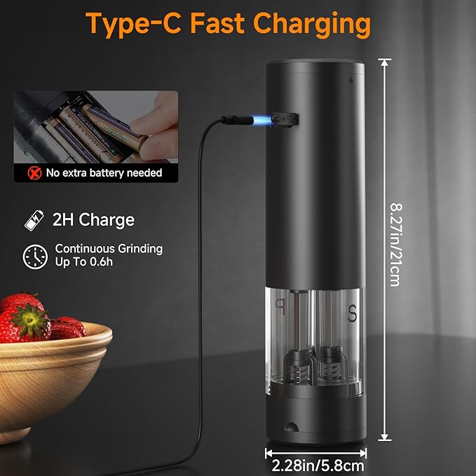 Electric Salt and Pepper Grinder Set Shakers 2 IN 1-Rechargeable Automatic Pepper Mill,with LED Lighting,Adjustable Grinder,Large Capacity-Ideal for Kitchen,BBQ,Ideal Kitchen Gifts (Black)
