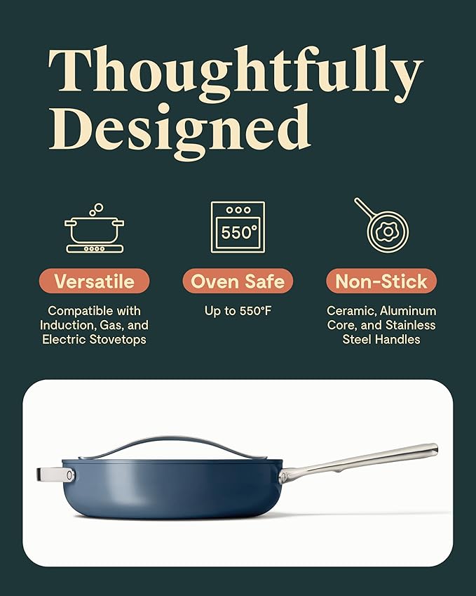 Caraway Nonstick Ceramic Saut챕 Pan with Lid (4.5 qt, 11.8") - Non Toxic, PTFE & PFOA Free - Oven Safe & Compatible with All Stovetops (Gas, Electric & Induction) - Navy