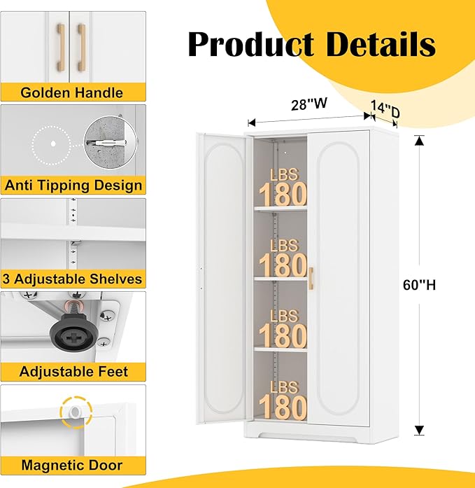 Kitchen Pantry Cabinet,60?쒶etal White Storage Cabinets with Doors and Shelves,Tall Cabinet with 2 Gold Hands for Dinning Room,Living Room