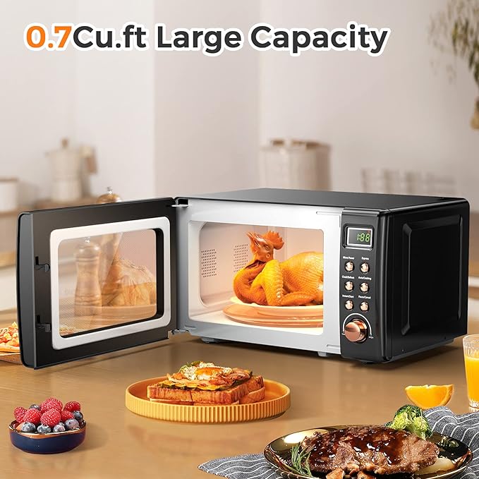ARLIME Retro Microwave 0.7Cu.ft, 700 Watt Countertop Microwave with 5 Micro Power Defrost & Auto Cooking Function, LED Display, Child Lock, Small Microwave for Kitchen, RV, Dorm (Golden)