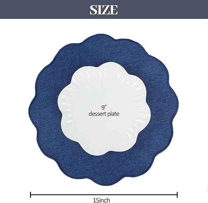 AHHFSMEI Round Faux Linen Placemats Set of 4 Waterproof Table Mats Heat Resistant Non-Slip and Stain Proof for Kitchen Dining Elegant Decor (Navy Blue,4)