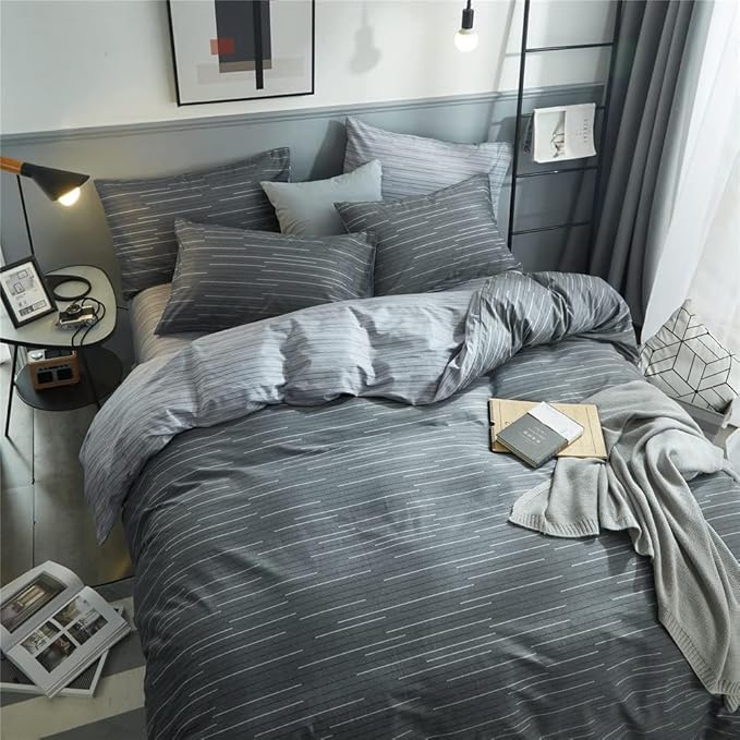 LifeTB Striped Comforter Set Queen Grey Striped Bedding Comforter 3 Pieces Geometric Comforter Set 1 Stripe Comforter Queen with 2 Pillowcases Grey Stripe Fluffy Bed Set for All Seasons