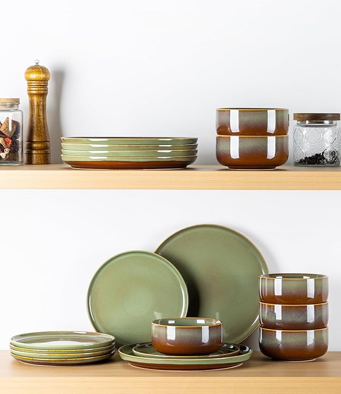 TheTerra Ceramic Dinnerware Sets, Handmade Reactive Glaze Plates and Bowls Set, Scratch Resistant Dish Set, Oven & Microwave & Dishwasher Safe, Service for 6, Sage Umber
