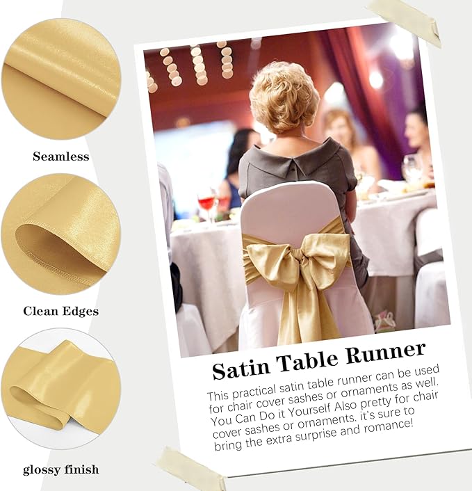Yblut 10 Pack Satin Table Runner 12 x 108 Inch Long Light Gold Silk Table Runner for Wedding Party Banquet Birthday Decoration