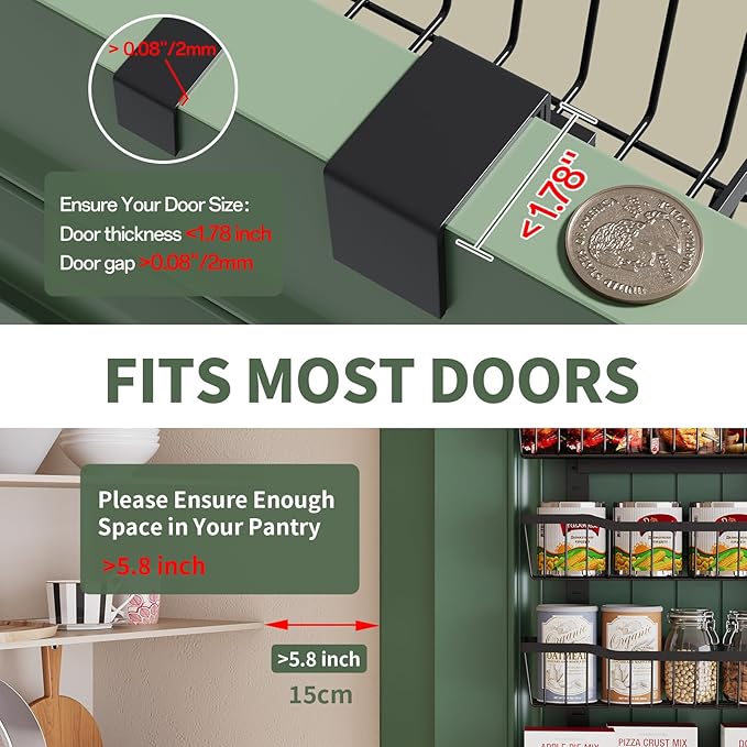Over The Door Organizer竊?-Tier Over The Door Pantry Organizer with Adjustable Baskets竊똌etal Hanging Pantry Organizers and Storage for Kitchen, Back of Door Seasoning Rack (Black)