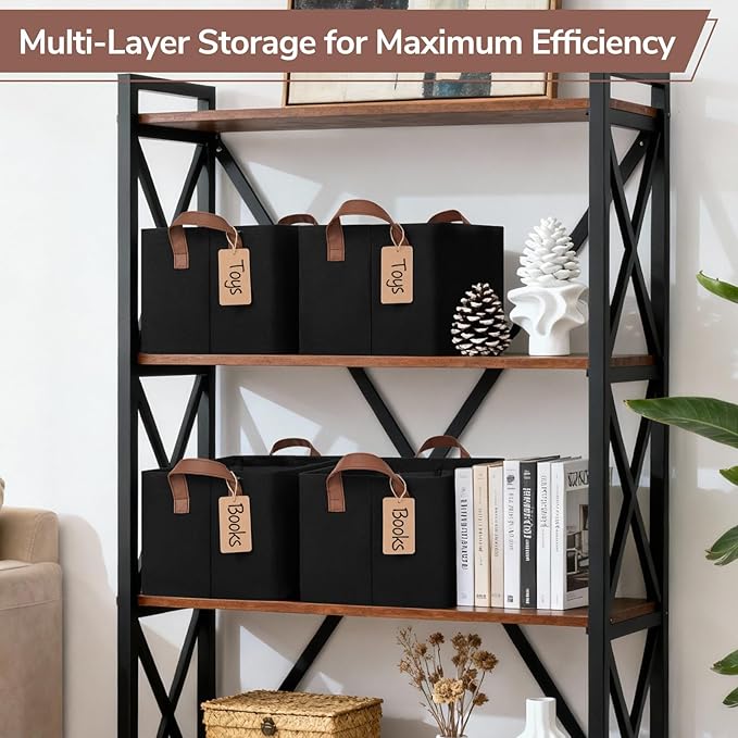 CHICVITA 4 Pack Storage Baskets for Shelves, Collapsible Fabric Closet Storage Bins with Metal Frame, Towel Organizer for Bathroom Living Room, 14.8" x 10.3" x 8.3", Black