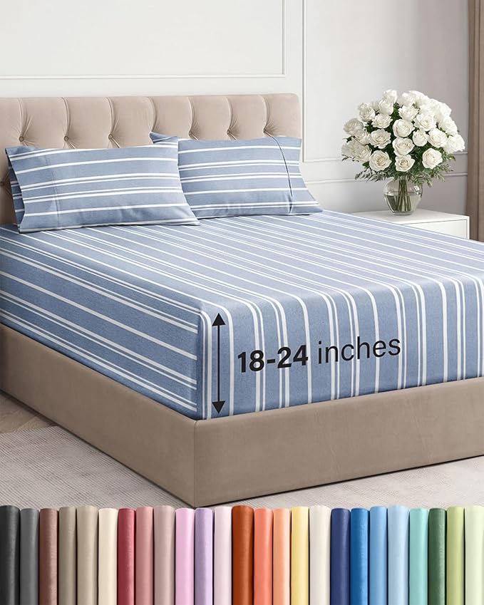 Extra Deep Pocket King Sheets - 4 Piece Breathable & Cooling Bed Sheets - Hotel Luxury Bed Sheet Set - Soft, Wrinkle Free & Comfy - Easily Fits Extra Deep Mattresses - Deep Pocket Blue Striped Sheets