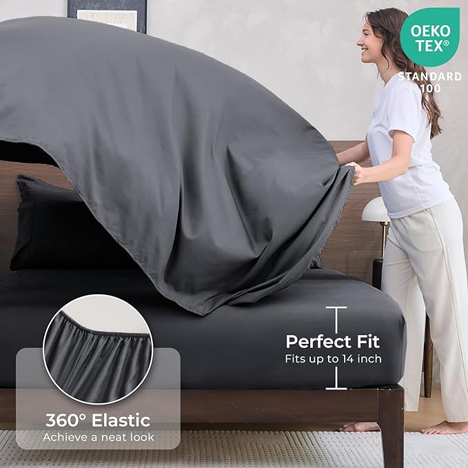 HEVUMYI 7 Pieces Queen Comforter Set, All Season Reversible Bed in a Bag, Ultra Soft Queen Bedding Set with Grey Comforter, Flat Sheet, Fitted Sheet, Pillowcases, Pillow Shams, Dark Grey