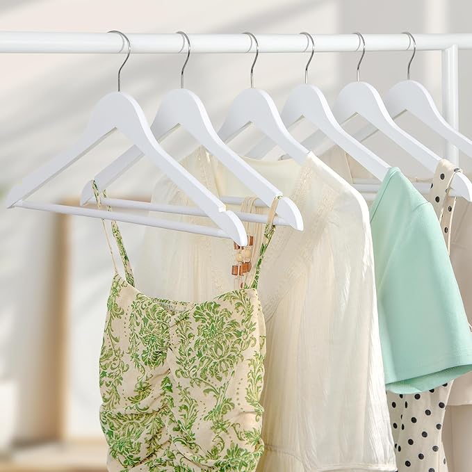 TOPIA HANGER Wooden Coat Hangers 30 Pack, White Wood Suit Hangers with Non Slip Pants Bar, 360째 Swivel Hook and Shoulder Notches for Camisole, Jacket, Pants, Smooth Finish Clothes Hangers -CT34W30