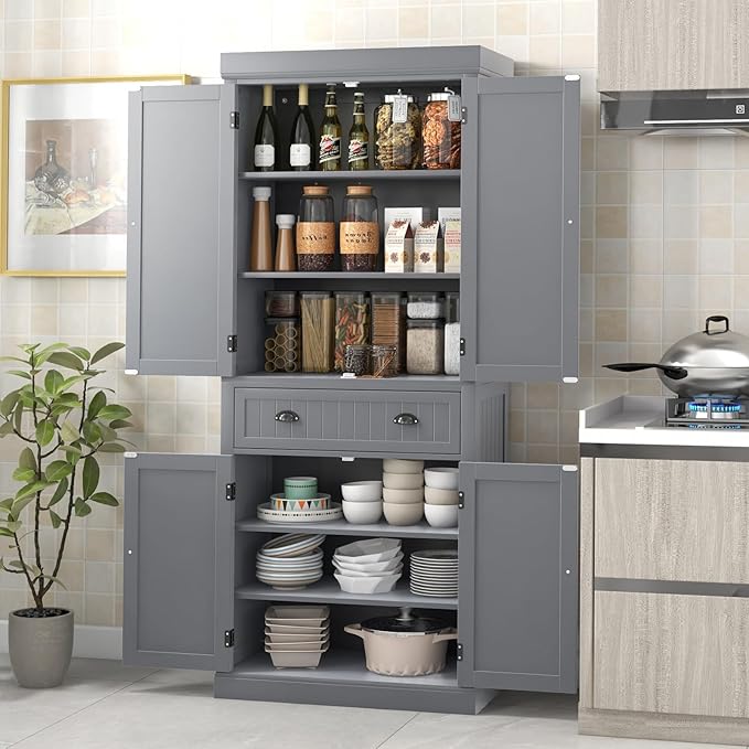 DORTALA 72??Tall Kitchen Pantry Cabinet, Wood Storage Cupboard w/ 4 Adjustable Shelves, 2 Cabinets & Drawer, Utility Freestanding Storage Cabinet for Kitchen, Hallway, Living Room, Grey