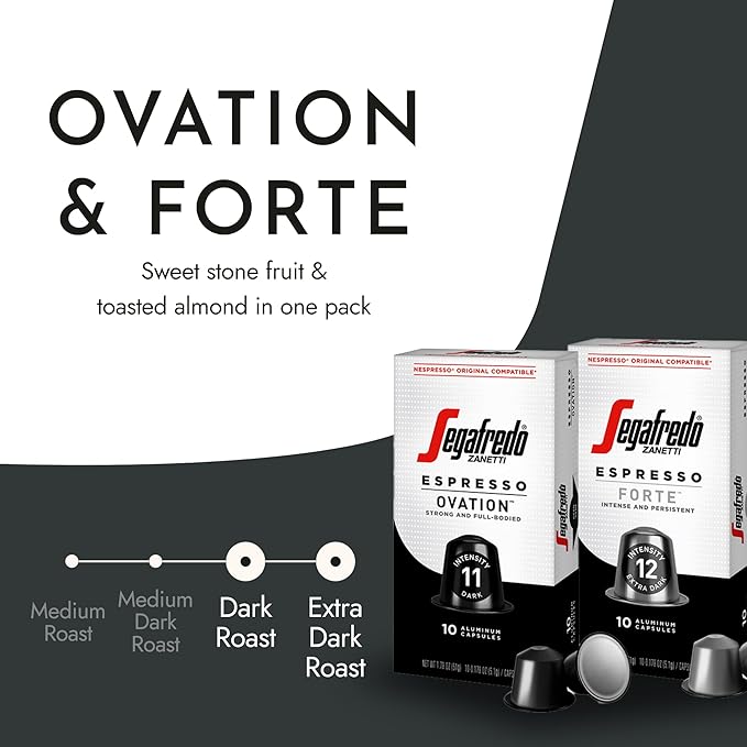 Segafredo Zanetti Espresso Capsules ??Aluminum Pods for Nespresso Original Machines ??Ovation & Forte Variety Pack Premium Espresso ??Dark and Extra Dark Roast ??Ovation & Forte, 10 Count (Pack of 4)