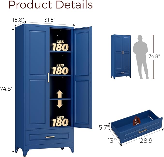 75" Kitchen Pantry Cabinet with Drawer, Metal Storage Cabinets with Doors and Adjustable Shelves, Blue Tall Pantry Cabinet for Dinning Living Room, Home
