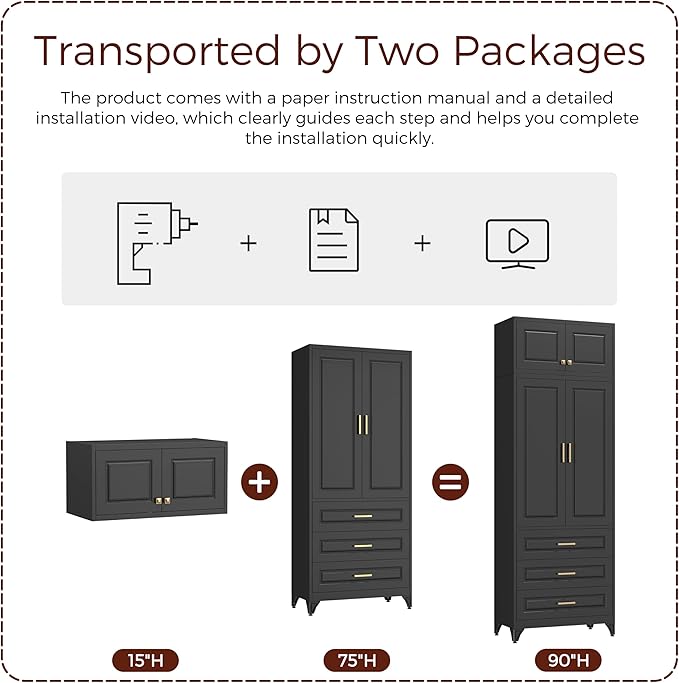 Metal Storage Cabinet, 90" Black Pantry Cabinet with 4 Doors and 4 Adjustable Shelves, Tall Cabinets with 3 Drawers for Dinning Living Room and Dining Room